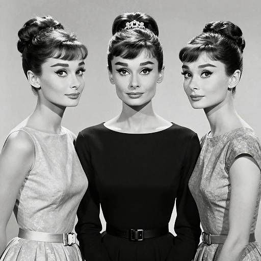 Black-and-white photograph of three 1950s-style women with high buns and elegant dresses, standing close together, wearing subtle makeup and minimal accessories