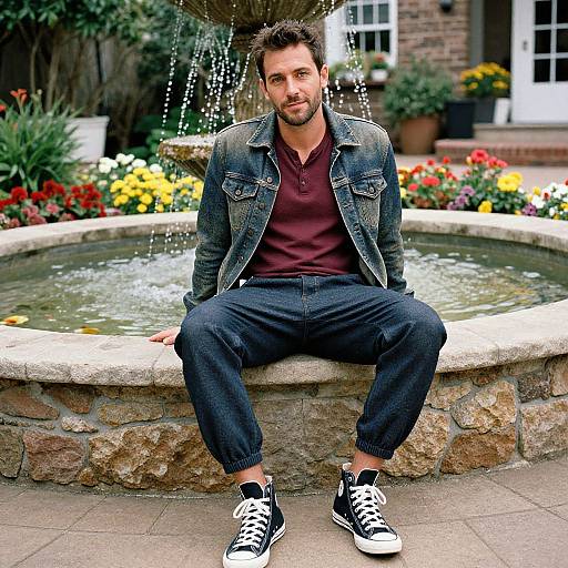 Photograph of a bearded man with short brown hair, wearing a denim jacket, maroon shirt, black pants, and black Converse sneakers,