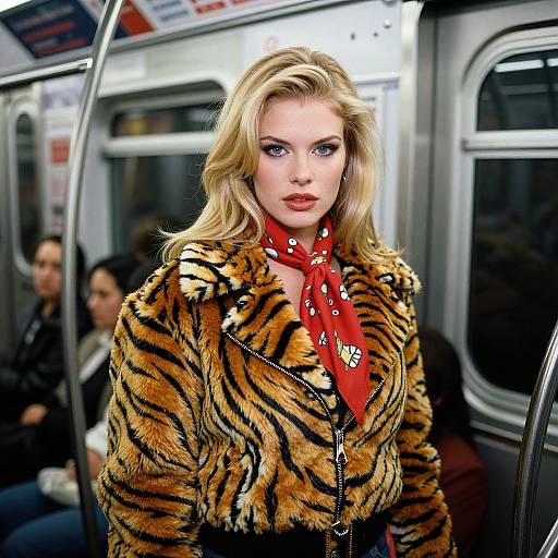 Photograph of a blonde woman with blue eyes, wearing a tiger-striped fur jacket and red bandana, standing in a dimly lit subway car.