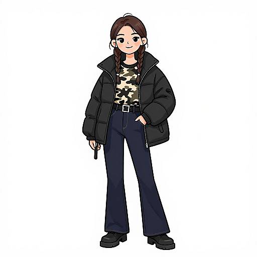 Digital anime-style drawing of a young woman with brown hair in braids, wearing a black puffer jacket, camouflage shirt, high-waisted blue