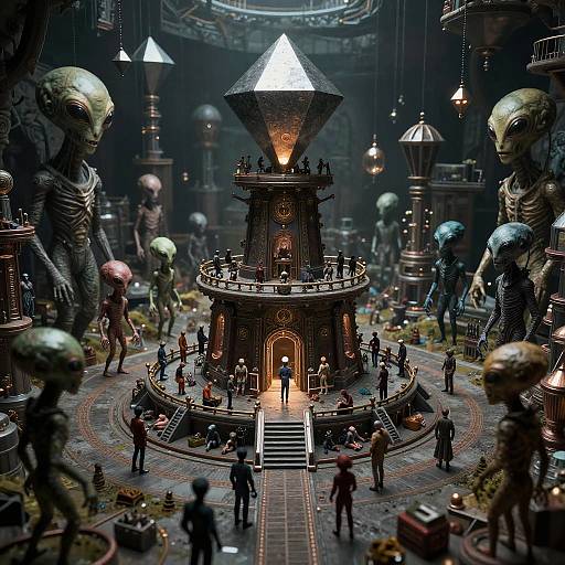 Photorealistic CGI: Steampunk scene with towering, helmet-headed creatures surrounding a glowing, geometric tower. Small figures gather at its base, illuminated