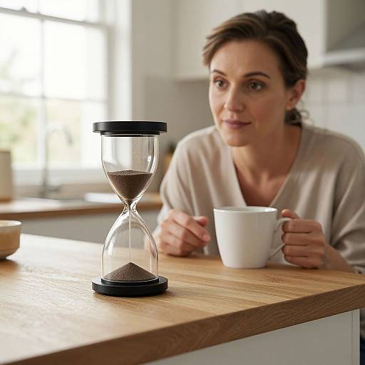 Photograph of a light-skinned woman with short brown hair, wearing a beige shirt, sitting at a kitchen counter with a glass hourglass and white