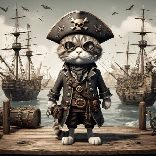 Whimsical Cat Pirate in a Bustling Port