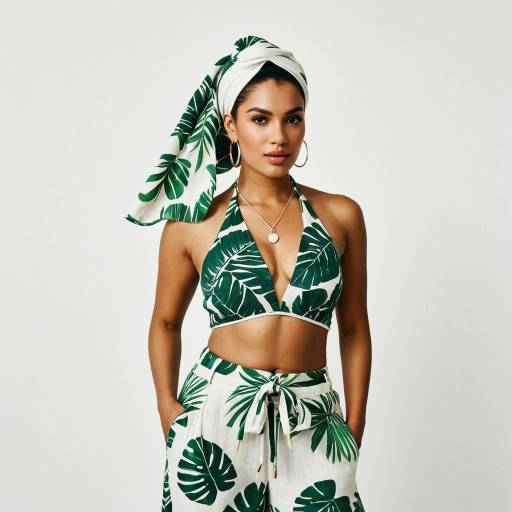 Woman in Tropical Resort Wear with Headscarf
