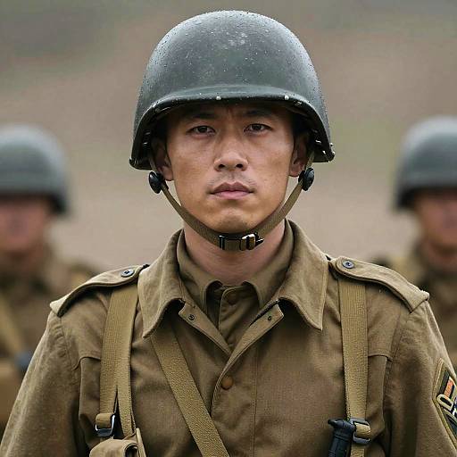Photograph of a serious Asian male soldier in World War II-era uniform, black helmet, brown shirt, and strap, with blurred background soldiers.