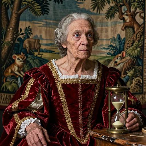 Photograph of elderly woman with white hair, wearing ornate red velvet dress, holding hourglass, set against detailed medieval tapestry.