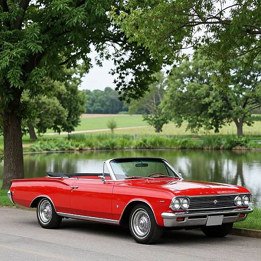 Photograph of a vibrant red classic convertible car with white interior parked by a serene, tree-lined lake on a cloudy day.