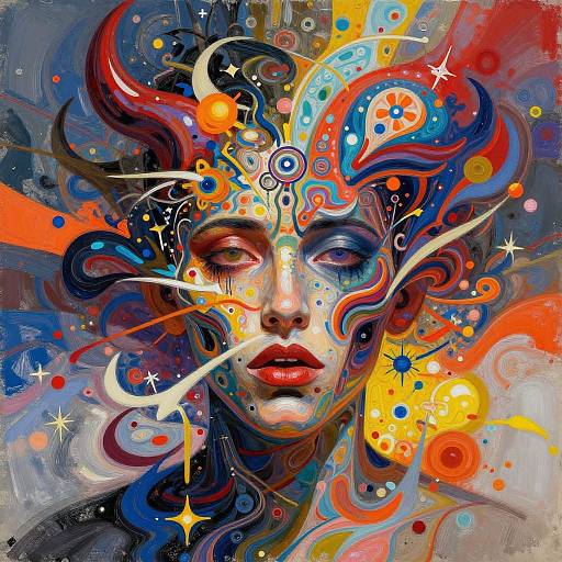 Vibrant digital painting of a mystical, abstract face with swirling, colorful patterns, stars, and circles, blending reds, blues, oranges,