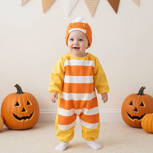 Photograph of a smiling baby in an orange and white striped pumpkin onesie, orange hat with a jack-o'-lantern face, standing in a