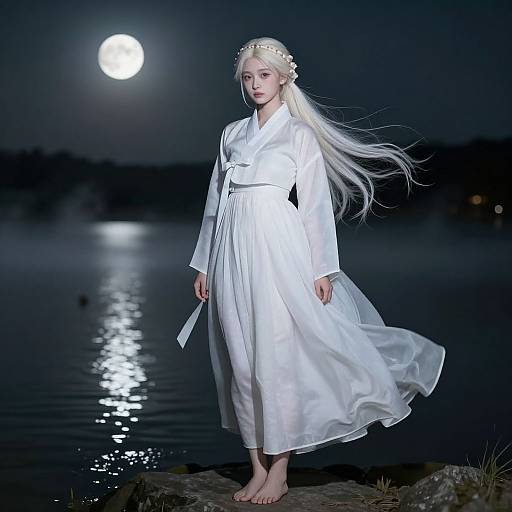 Photograph of a fair-skinned, ethereal woman with long white hair, wearing a flowing white robe and crown, standing barefoot by a moon