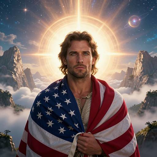 Photorealistic image of a bearded, wavy-haired man with blue eyes, wearing an American flag as a cloak, standing before a radiant sun