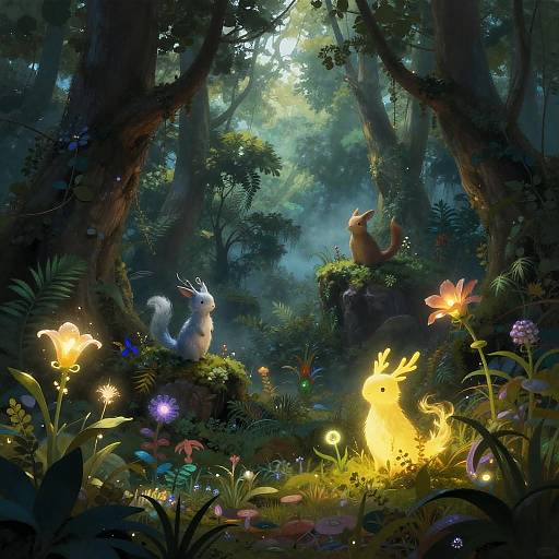Enchanting forest scene: glowing fireflies, magical creatures with antlers, and a fox-like figure in lush, moonlit jungle with vibrant flowers