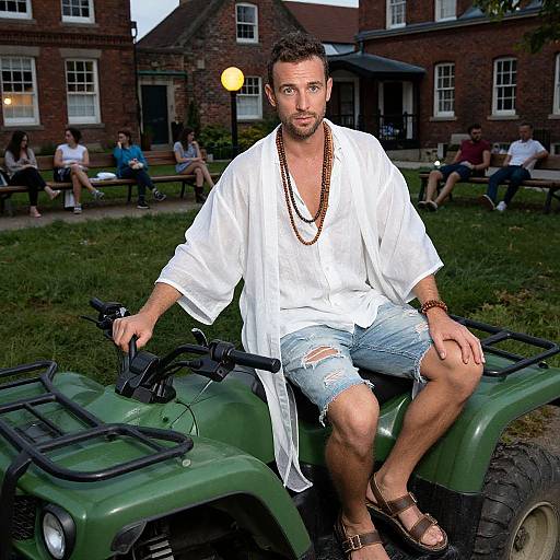 Photograph of a bearded man with short brown hair, wearing a white robe, torn denim shorts, brown sandals, and a beaded necklace,