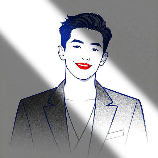 Digital illustration of a smiling Asian man with black hair, red lips, wearing a dark suit, highlighted by a bright diagonal light.