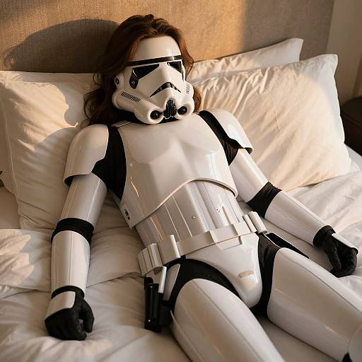 Photograph of a person with long brown hair, wearing a white and black Stormtrooper costume, lying on a sunlit bed with white pillows.