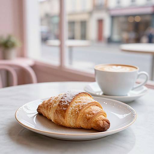 Photograph of a golden, sugar-dusted croissant on a white plate, accompanied by a cup of frothy coffee, set on a sunlit