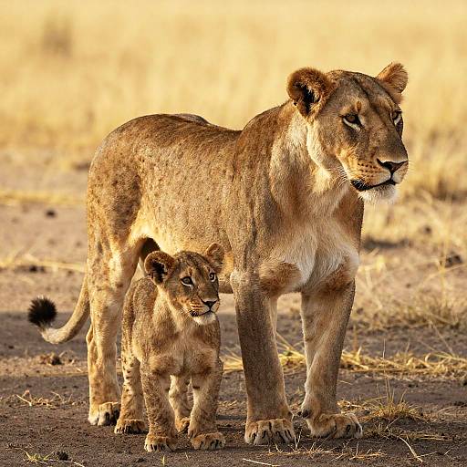 Lioness and Cub on Sunlit Savanna