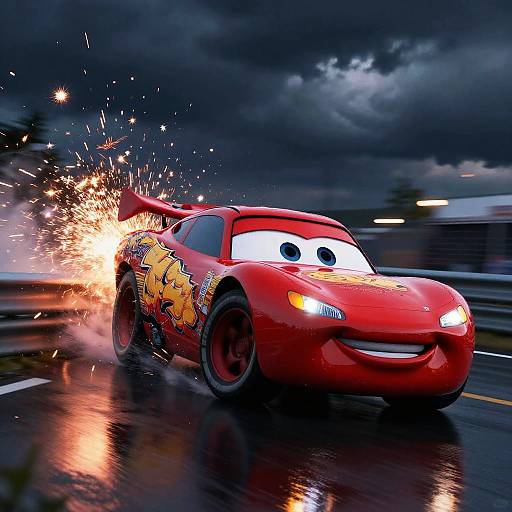 Photograph of a vibrant red racing car with animated eyes and yellow flame decals, splashing through water on a rainy road, under a dark, storm