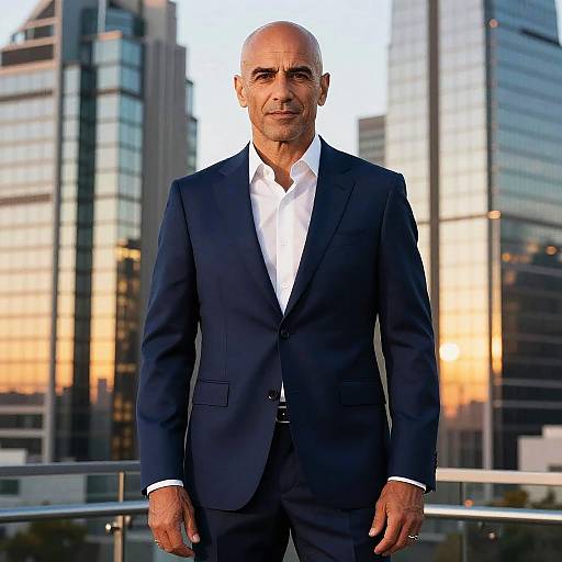 Photograph of an elderly bald man in a dark navy suit with white shirt standing against a cityscape of tall glass buildings at sunset.