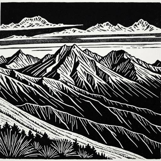 Black and White Linocut Mountain Range