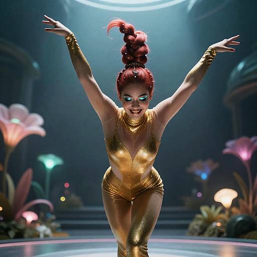 Avant-Garde Female Dancer in Gold Catsuit