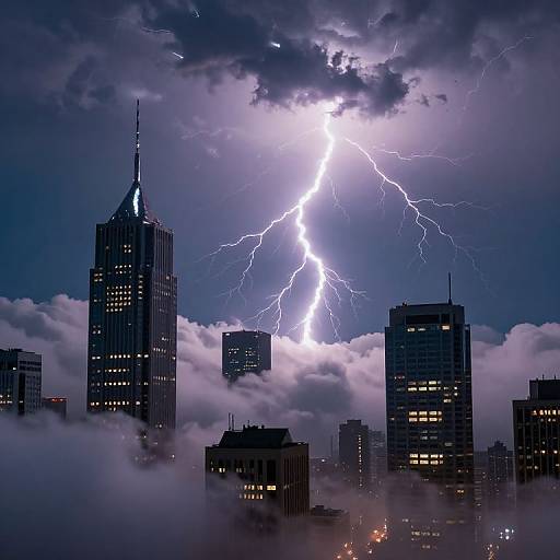 Photograph: Dramatic cityscape at night with towering skyscrapers, dark clouds, and a brilliant white lightning bolt striking through a stormy sky