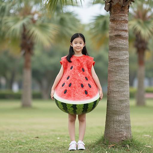 Photograph of an Asian girl with black hair, wearing a watermelon costume, standing in a grassy park with palm trees.