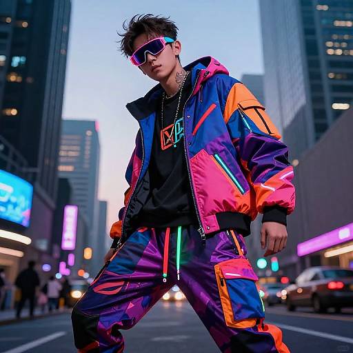 Photograph of a young man in a vibrant, neon-colored bomber jacket and pants, wearing reflective sunglasses, standing confidently in a bustling urban street at dusk