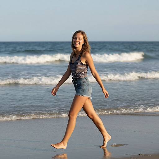 Photograph of a smiling young woman with long brown hair, wearing a striped tank top and denim shorts, walking barefoot on a beach with gentle waves