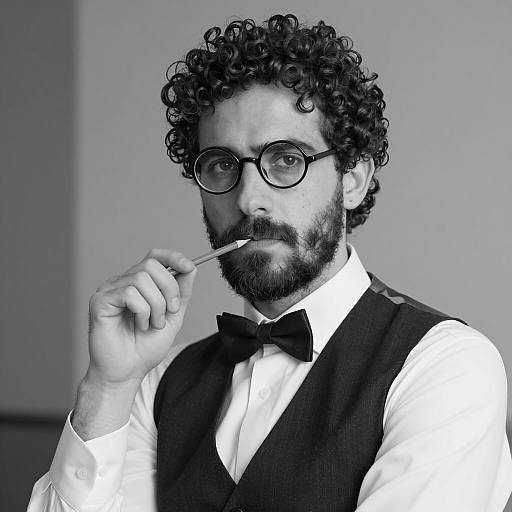 Thoughtful man with curly hair and glasses