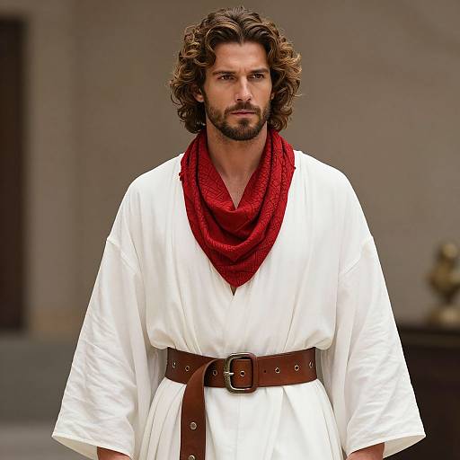 Photograph of a handsome, bearded man with curly brown hair, wearing a white robe, brown belt, and red scarf, standing against a blurred