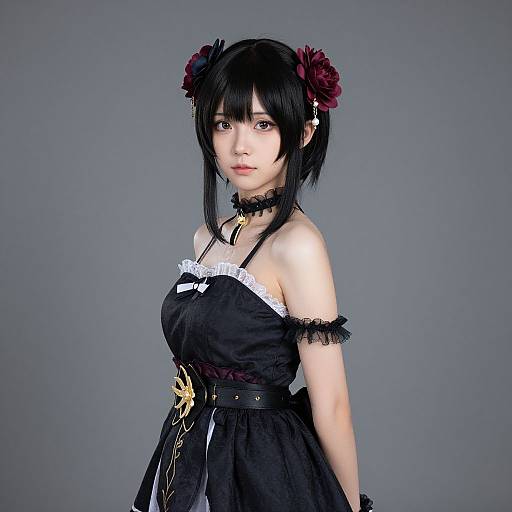 Photograph of an Asian woman in gothic lolita cosplay, black dress with white lace trim, black hair with red flowers, choker, grey