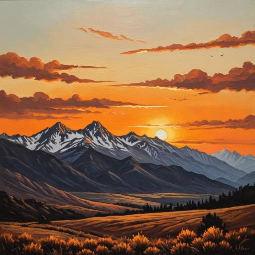 Classic Oil Painting of Mountains at Sunset
