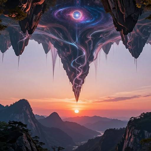 Digital fantasy artwork of a surreal sunset over jagged mountains, with a glowing, cosmic eye above, surrounded by neon-like energy tendrils.