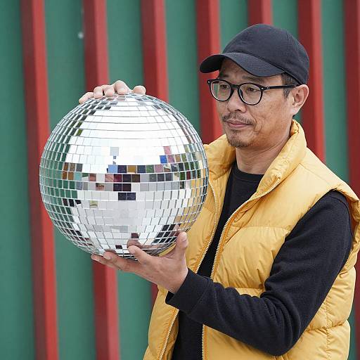 Man Holding Large Silver Mirror Ball