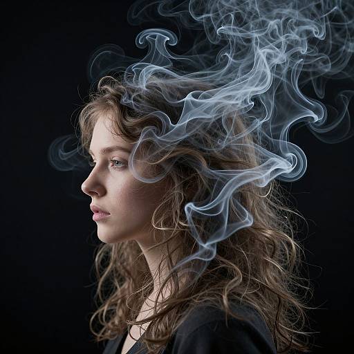 Photograph of a young woman with wavy brown hair, blue eyes, and fair skin, profile view, with ethereal blue smoke swirling around her