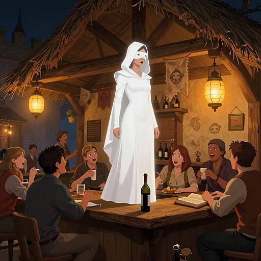 Digital illustration of a glowing white-robed figure standing at a rustic tavern table, surrounded by surprised, illuminated patrons in medieval attire.