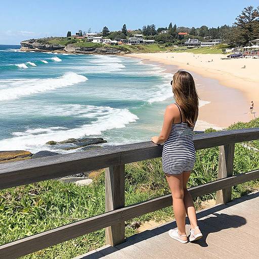 Photograph of a young girl in a black-and-white striped swimsuit, standing on a wooden railing, gazing at a sunny beach with turquoise waves