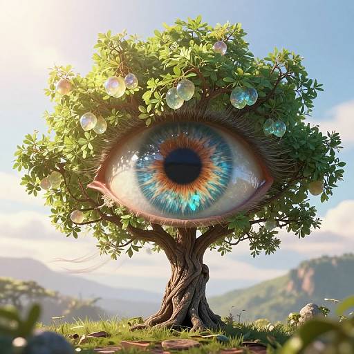Photorealistic CGI of a tree with a giant, vibrant blue-eyed iris as its central trunk, surrounded by green leaves and white blossoms, set