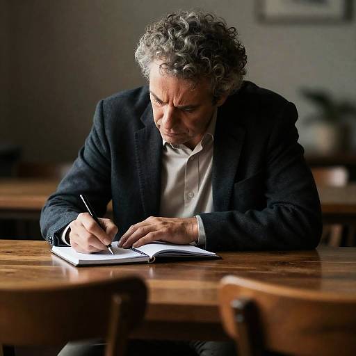 Focused Man Writing in Dim Light
