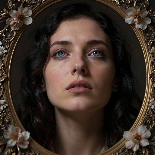 Photograph of a fair-skinned woman with blue eyes and wavy dark hair, framed by an ornate gold oval mirror with white flowers.