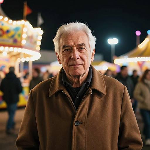 Photograph of an elderly man with white hair and wrinkles, wearing a brown coat, standing in front of a brightly lit, colorful carnival at night.