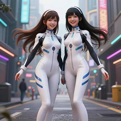 Digital art of two Asian women in white futuristic bodysuits with blue accents, standing confidently in a neon-lit, cyberpunk city street.