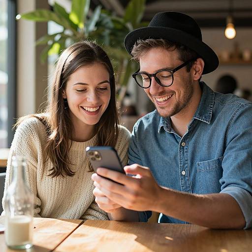 Photograph of a smiling couple with brown hair, the man in a black hat and glasses, and the woman in a beige sweater, looking at a