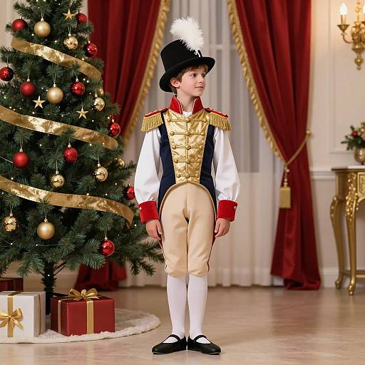 Boy in Nutcracker Ballet Costume by Christmas Tree