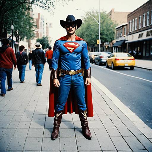 Photograph of a bearded man in a Superman costume, black hat, red cape, blue suit, and boots, standing on a city sidewalk with