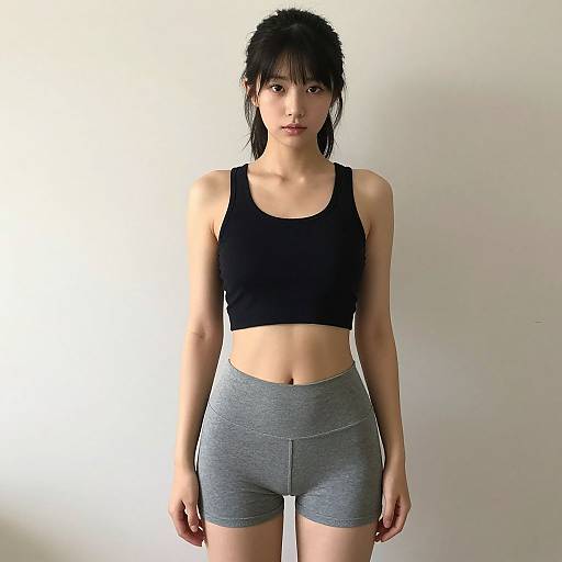 Photograph of an Asian woman with fair skin, black tank top, and grey high-waist shorts, standing against a plain white background. She