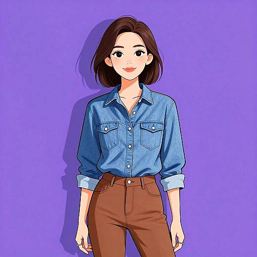 Digital anime-style drawing of a young woman with shoulder-length brown hair, wearing a blue denim shirt and brown high-waisted pants, standing against a