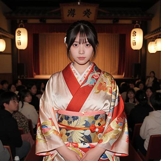 Photograph of a young Asian woman in a traditional, floral-patterned kimono with red, gold, and cream colors, standing center-stage in a