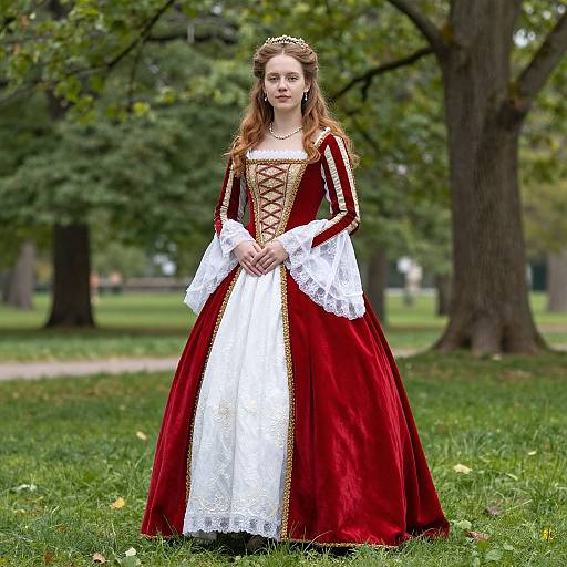 Photograph of a young woman with long brown hair, wearing a red velvet and white lace Renaissance-style gown, standing in a lush green park.